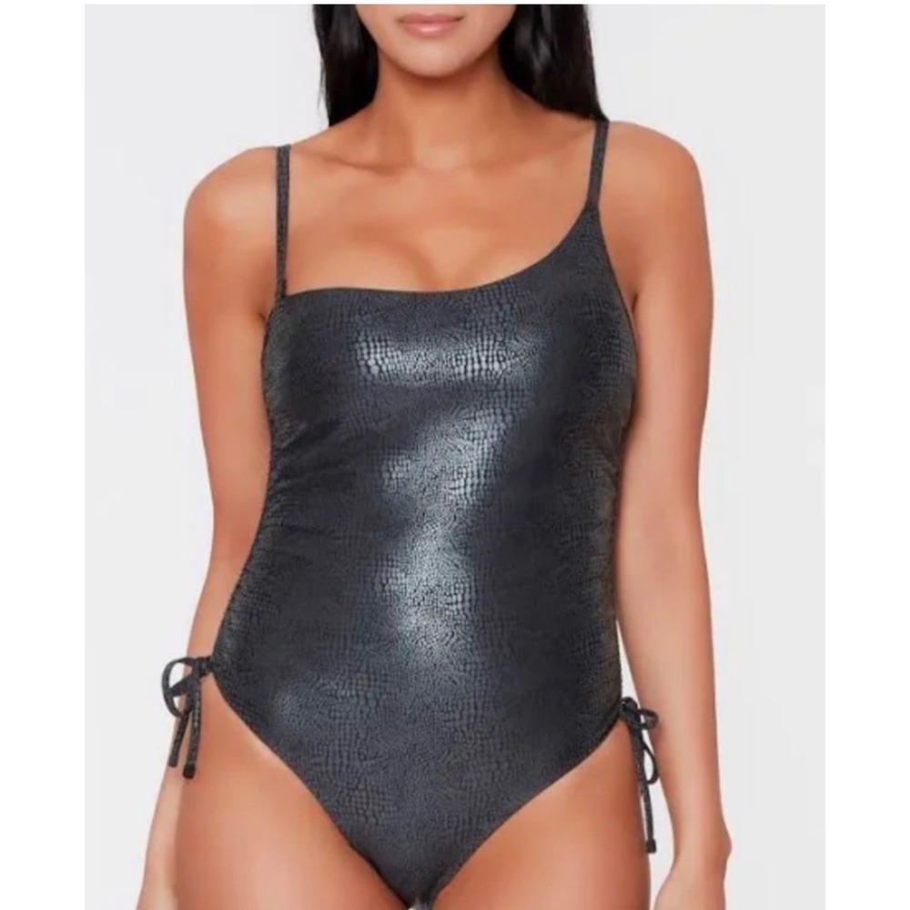 Bar III Womens Metallic Snake Skin One Shoulder One Piece Swimsuit Grey Medium